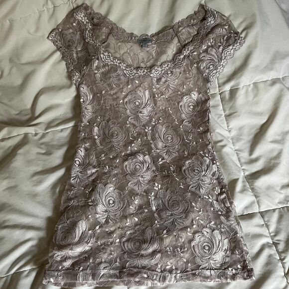 Y2K Vintage Charlotte Russe Floral Lace Sheer Lavender Purple Short Sleeves Top - Picture 1 of 6